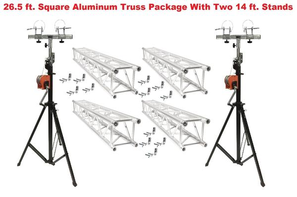 Two 14' Crank Up Stands With Four 6.56' Square Aluminum Truss Segments Package