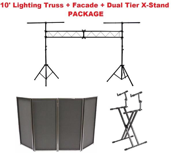 10' Lighting Truss Stage Lighting Stand+Black DJ Facade+Dual Tier Keyboard Stand