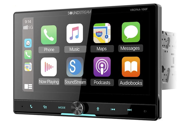 Soundstream VRCPAA-106F 2-DIN 10.6" DVD, USB, MicroSD Card, Floating Multimedia Touchscreen Receiver Apple CarPlay Built-in w/ Siri Assistant and Android Auto Built-in w/ Google Assistant. ISO Mount Chassis